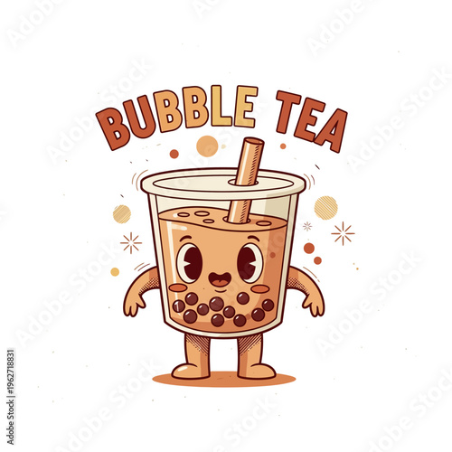 A cute cartoon illustration of a bubble tea character with a smiling face and arms and legs, holding a straw.