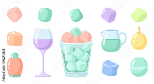 Flat Cartoon Food and Drink Vector: Colorful Ice Cubes, Beverages  Abstract Shapes Illustration
