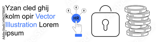 Recruitment systems, HR tools, financial technology, data protection, online security, information management. Finger clicking HR icon. Recruitment systems and HR tools concept