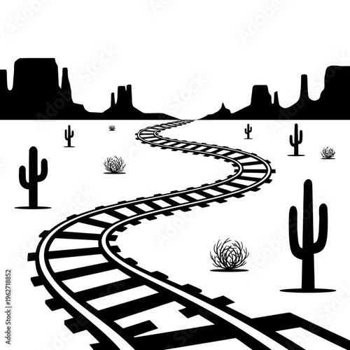 Railroad track through desert black and white illustration