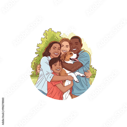 A diverse family with a dog embracing each other happily outdoors in a park setting.