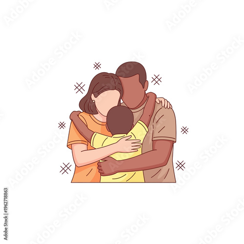 A loving family of three, parents of different ethnicities, embracing their child warmly.