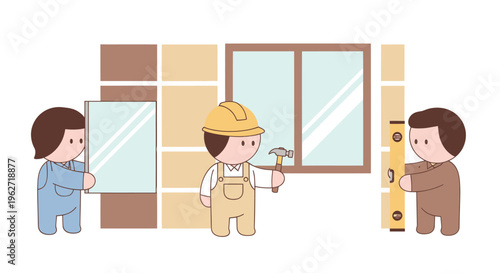Construction and Home Renovation Flat Vector Illustration with Workers Installing Window  Glass