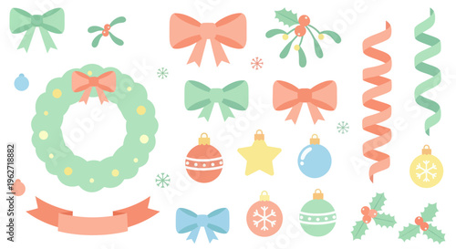 Christmas Holiday Decorations Flat Vector Set with Wreath, Bows, Ribbons, Ornaments, Holly, Mistletoe