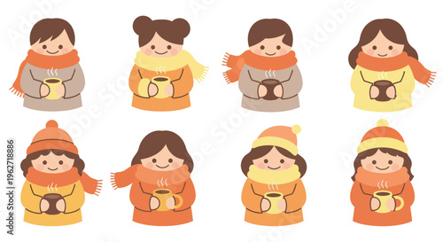 Flat Cartoon Winter Characters Enjoying Hot Drinks: Cozy Lifestyle Illustration