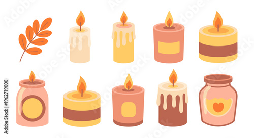 Flat Cartoon Autumn Candles and Fall Leaf Vector Icon Set for Seasonal Decor