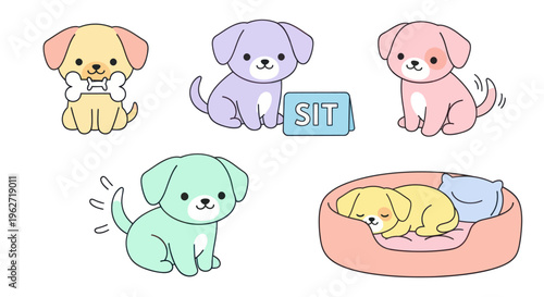 Cute Cartoon Flat Vector Illustration of Adorable Puppies and Dogs for Pet-related Designs