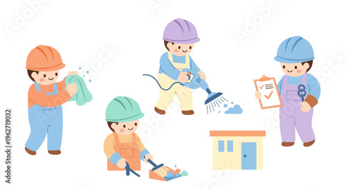 Flat Cartoon Maintenance and Cleaning Service Workers Vector Illustration