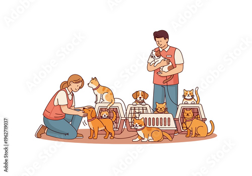 Veterinarians caring for various animals including dogs and cats in carriers, preparing them for transport or adoption.