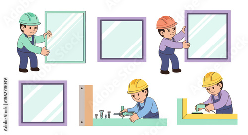 Construction  Home Renovation Flat Vector Cartoon Set: Workers Installing Windows  Frames