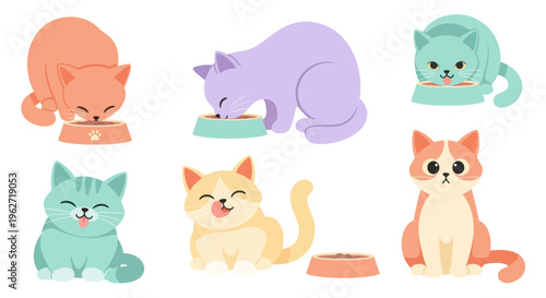 Cute Flat Vector Illustration of Pet Cats and Kittens Eating Food from Bowls and Posing