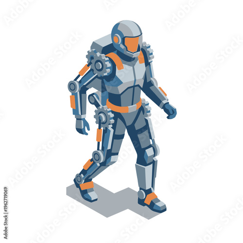 Isometric person wearing exoskeleton mobility suit