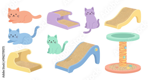 Cute Pet Cat Toys and Accessories Flat Vector Illustration: Cats, Scratching Posts, Cat Tree