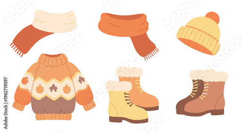 Flat Vector Illustration of Winter Apparel and Fashion Accessories Set