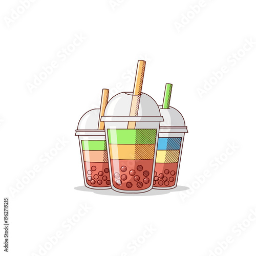 Three colorful layered bubble tea drinks with tapioca pearls and straws, isolated on a white background.