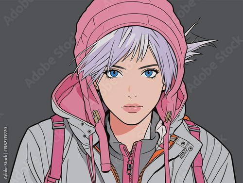 Girl with pink hoodie and blue eyes stands against a dark background while looking directly at the viewer during a graphic style artwork session