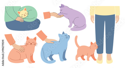 Pet Care Flat Illustration: Happy Cats and Loving Human Interaction
