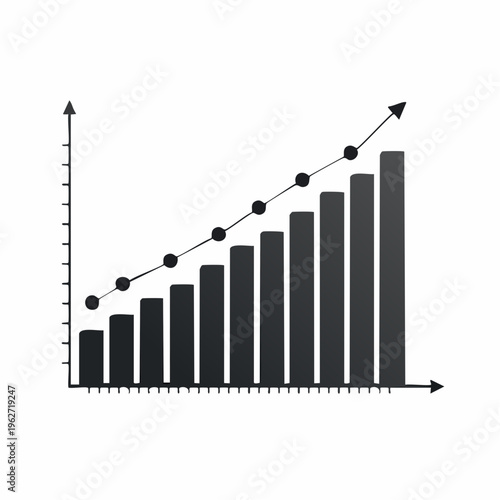 Linear bar chart with dotted progress line and axis indicators. concept of profit increase, revenue growth, income, investment success and financial performance