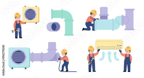 Flat Design HVAC and Plumbing Technicians Installing Air Conditioning and Pipe Systems Vector