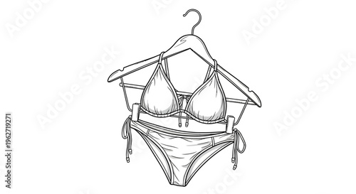Hand-drawn sketch of a two-piece bikini swimsuit on a hanger.
