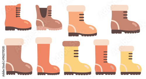 Flat Design Winter and Hiking Boots Vector Illustration Set