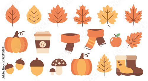 Autumn Fall Flat Design Icons Set. Seasonal Collection of Leaves, Pumpkins, Coffee, Scarves, Boots.