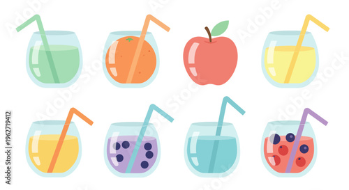 Food and Drink Flat Design Vector Illustration of Refreshing Fruit Juices and Beverages