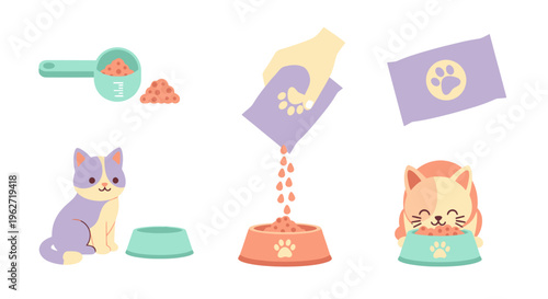 Pet Care Flat Illustration: Cute Cats, Food Bowls, and Dry Food Feeding Process