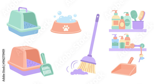 Flat Vector Pet Care and Grooming Supplies with Litter Boxes, Shampoos, Brushes, Broom, Dustpan