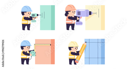 Flat Construction Workers and Tools for Building, Home Repair, and Renovation Projects
