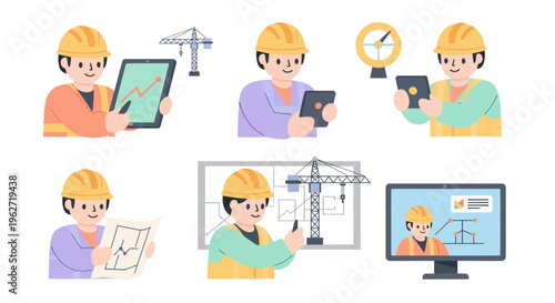 Construction Engineering Flat Illustration: Architects  Workers with Digital Plans and Site Tools