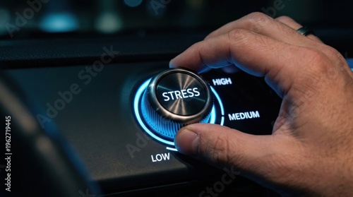 A persons hand adjusts a glowing blue dial labeled stress with settings for low medium and high in a dark environment