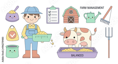 Cute Farm Management Cartoon Icons: Farmer, Cow, Barn, Tools, Food