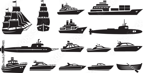 Collection of various boat and ship silhouettes on white background