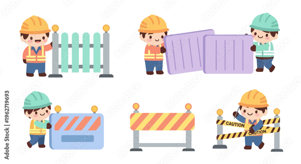 Obraz premium Construction worker characters with barriers and fences, flat vector style