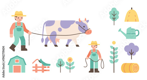 Flat Style Farmers with Cow, Barn, and Farm Elements Vector