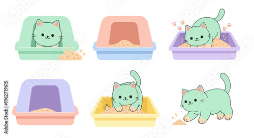 Cute Kawaii Cat in Litter Box Vector Art, Pet Care Illustration