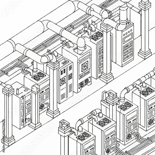 Isometric illustration of industrial machinery with pipes and ventilation systems.