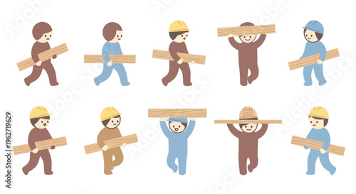 Construction workers carrying wooden planks, flat illustration