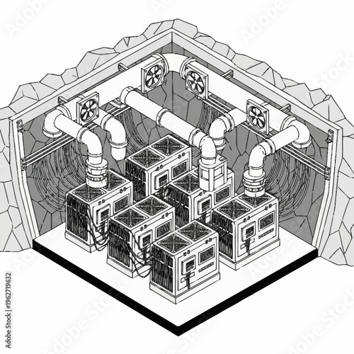 Industrial ventilation system with multiple air conditioning units inside a rock cave.