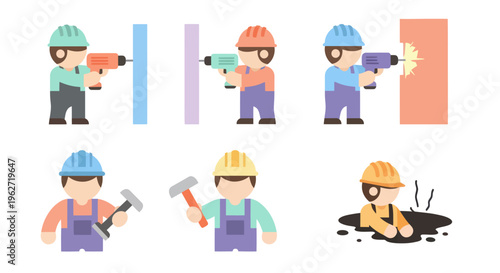 Flat Style Construction Workers with Tools Drilling and Hammering