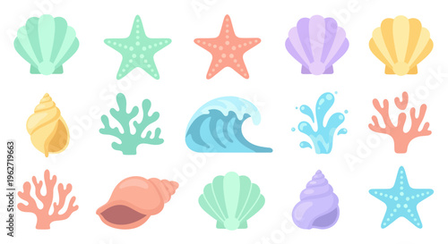 Flat Design Ocean Sea Life Icons: Shells, Starfish, Coral, Wave, Splash