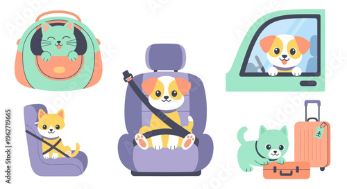 Flat vector illustration of cute pets traveling in a car and luggage