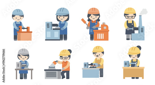 Cartoon factory workers operating machinery, flat design