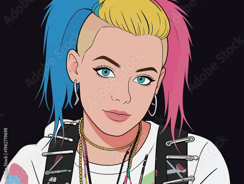 Young person with colorful hair and bold fashion sitting against a dark background while looking at the viewer with confidence