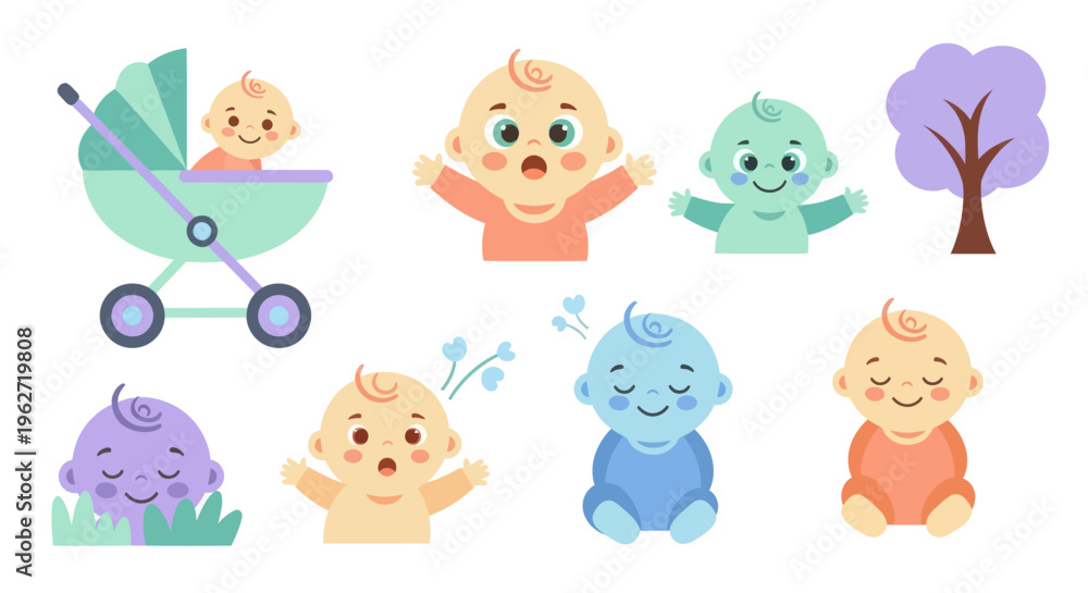 Obraz premium Cute Baby Icons Set, Vector Flat Design, Newborn Characters Collection
