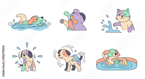 Cute cartoon dogs and cat enjoying bath time vector art