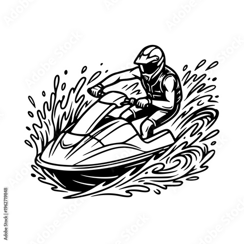 Jet Ski Rider Splashing Water Illustration, Personal Watercraft Action Sport Line Art Vector Design