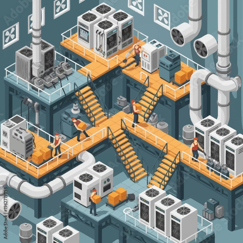 Isometric illustration of an industrial HVAC system with workers maintaining equipment and ventilation pipes.