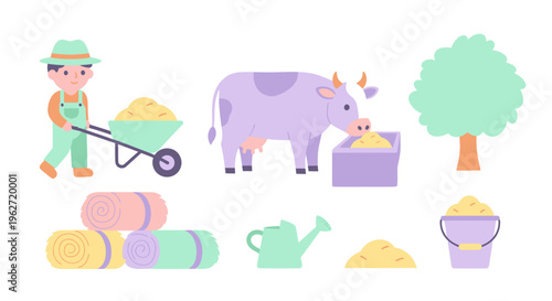 Cute Farm Scene: Farmer, Cow, Tree, Hay, Watering Can - Flat Style